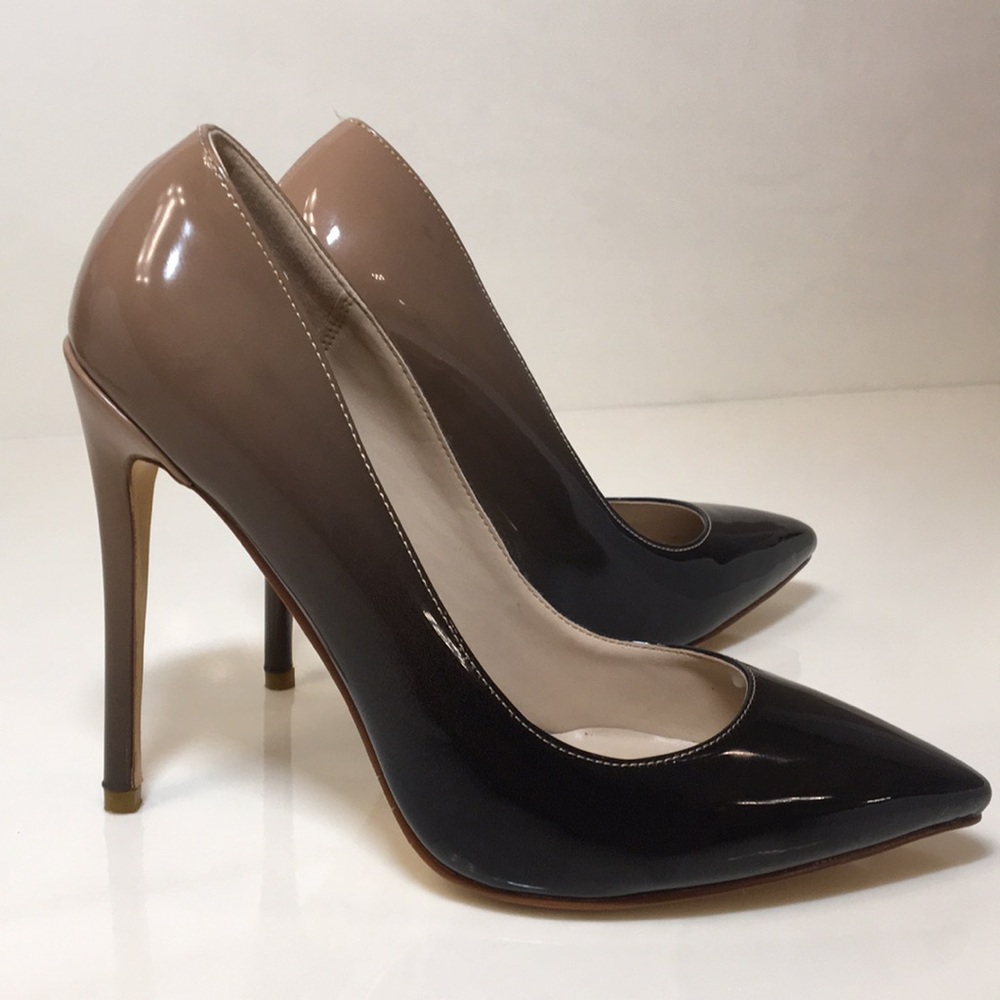 Hecater size 8 brown to black patent pointy toe high heels.